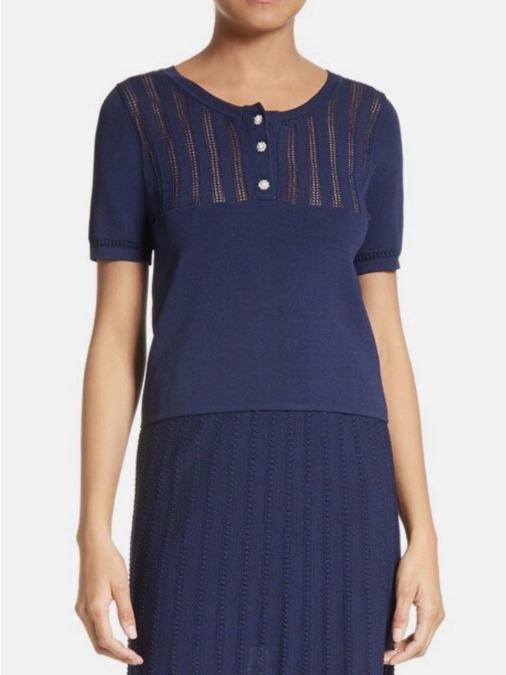 NWOT The Kooples Navy Short-Sleeve Knit Top with Lace Yoke